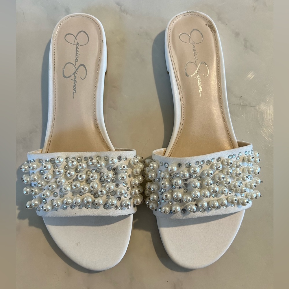 White beaded Jessica Simpson sandals (size 9)